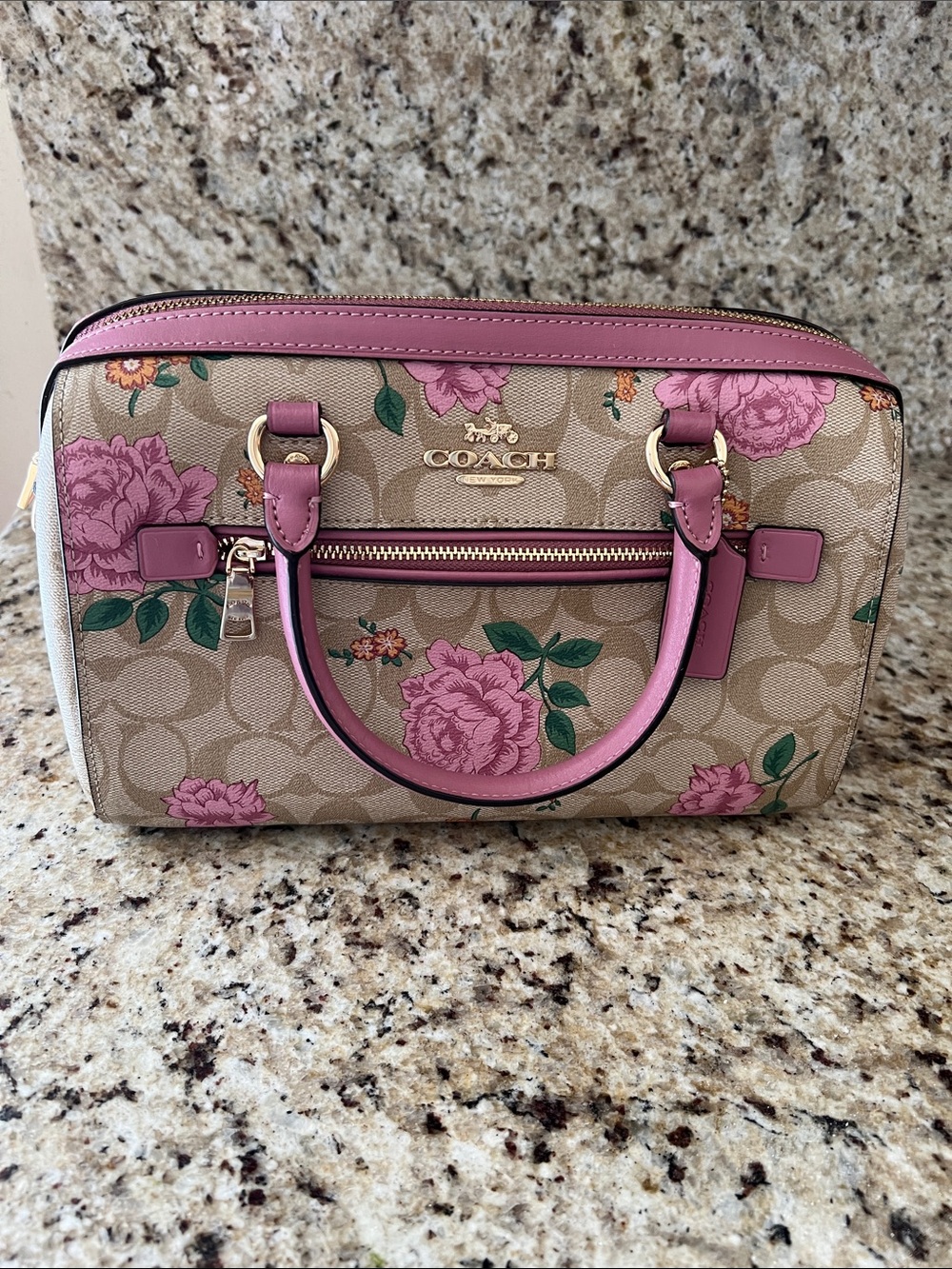 Coach Beige Signature Floral Satchel with Pink Trim and Green Leaves - Picture 2 of 8